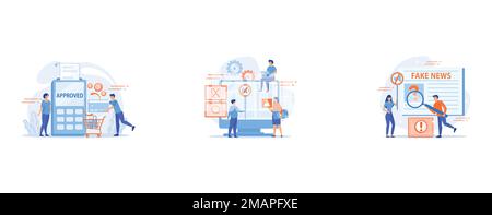 Money transfer, Programmer developing anti virus program, Fake news, junk news content, disinformation in media concept, set flat vector modern illust Stock Vector