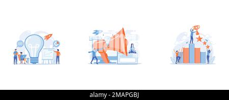 Business team brainstorm, lightbulb and rocket, Designers work on new brand and big megaphone, Key to success and success story, business chance, on t Stock Vector