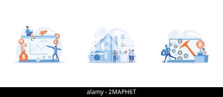Investment managers with laptops offer better returns and risk management, Couple choosing apartment, Hidden mining, miner bot and mining virus concep Stock Vector