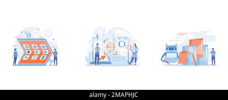 Tiny people at big smartphone with flexible display, Tiny people project managers work on vision and scope document, Robotic process automation, servi Stock Vector