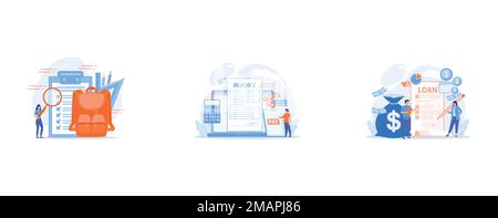 Clipboard with list to do, big school backpack, ruler and student with magnifier, Money loan contract, e payment application, finances management, Loa Stock Vector