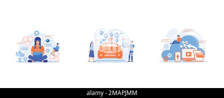 Businessman and technology measuring eye position and movement, tiny people, Business people paying in vehicle equiped with in-car payment system, Clo Stock Vector