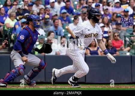 Milwaukee Brewers' Garrett Mitchell warms up before a baseball game against  the St. Louis Cardinals Friday, April 7, 2023, in Milwaukee. (AP  Photo/Aaron Gash Stock Photo - Alamy