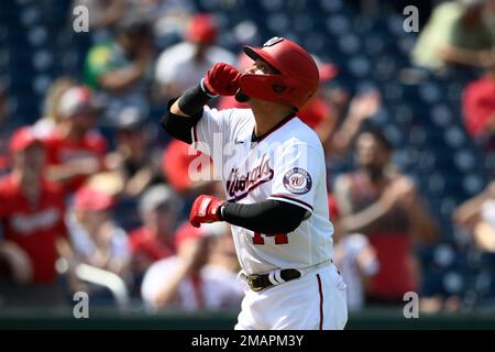 Washington Nationals first baseman Dominic Smith (22) in the fourth inning  of a baseball game Friday, April 7, 2023, in Denver. (AP Photo/David  Zalubowski Stock Photo - Alamy