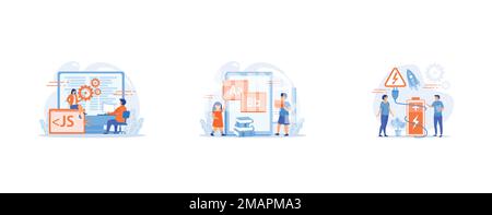 Tiny business people work at detachable computer, Children at tablet and with laptop using kids friendly alphabet application, Safety battery, protect Stock Vector