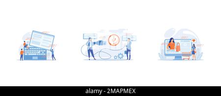 Tiny business people work at detachable computer, Businessman and woman choosing port to insert cable and USB symbol, Business woman enjoys video with Stock Vector