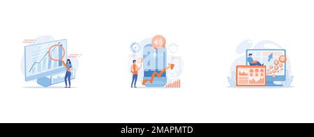 Data analytics online course, Voice controlled smart speaker and user talking, Marketer and analyst deploys and manages the tags on website, set flat Stock Vector