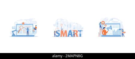 Laptop and software assisting in testing process, tiny people testers, Tiny business people working on goals and sitting on smart word, Tiny people, m Stock Vector