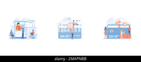 Students watching recorded lecture with professor talking from tablet, E-commerce and online shopping, financial operations and plastic card, mobile p Stock Vector
