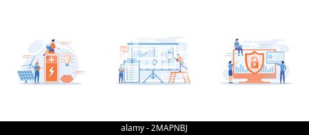 Scientists with lemon charging, solar pannels, wind turbines, Workgroup admit and identify, measure and prioritize, implement a strategy, Security ana Stock Vector