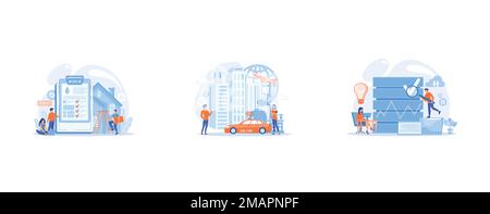 People near huge paper tablet with report of water flow and checkboxes analyzing data, People with smartphones around modern facilities connected to g Stock Vector