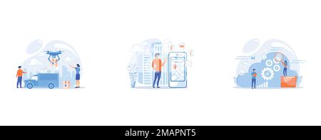 Autonomous delivery van with sensors and drone delivering parcel, A man near huge LCD screen with city map and gps tags on the screen getting informat Stock Vector