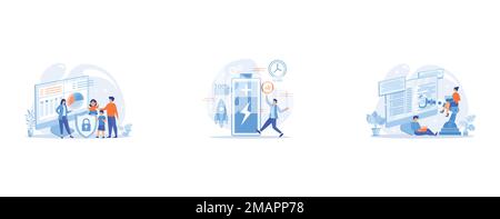 Parents with children using content control software, Battery runtime, extend runtime technology, long battery life concept, Developer at laptop and c Stock Vector