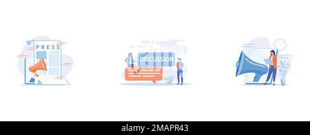 Mass media, press release, Business discussion, Social media marketing, set flat vector modern illustration Stock Vector