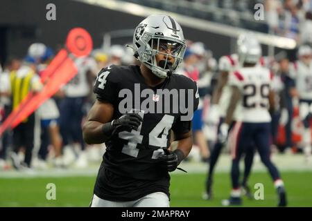 Las Vegas Raiders cornerback Bryce Cosby (44) runs down on the kickoff  against the New England Patriots during the first half of an NFL preseason  football game, Friday, Aug. 26, 2022, in