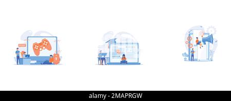 Computer gaming industry, cybersport training, Students using e-learning platform video on laptop and graduation cap, Tablet with loudspeaker and team Stock Vector