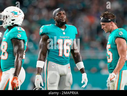 Miami Dolphins wide receiver Mohamed Sanu Sr. (16) catches the ball as he  practices on the field before an NFL football game against the Philadelphia  Eagles, Saturday, Aug. 27, 2022, in Miami