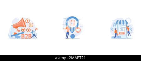 B2B marketing, Online store order, parcel tracking, A couple near huge smartphone with buy icon on the screen make online purchases, set flat vector m Stock Vector