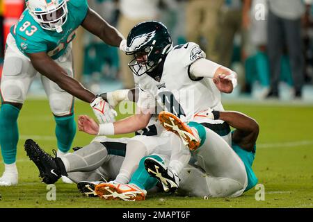 Miami Dolphins linebacker Darius Hodge (41) walks off the field during the  first half of a NFL preseason football game against the Philadelphia Eagles,  Saturday, Aug. 27, 2022, in Miami Gardens, Fla. (