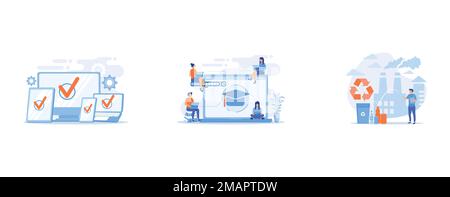 Cross platform devices, Students with laptops studying and huge laptop with graduation cap, Specialist at plant recycling plastic into raw material, w Stock Vector