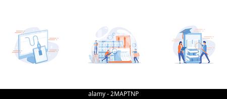 Editable drawings creating, Organized archive, Students with magnifier reading stack of e-books in smartphone education app, set flat vector modern il Stock Vector