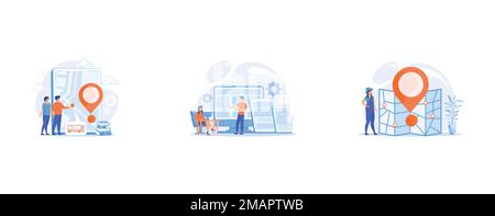 Exhausted, frustrated worker, burnout, Adaptive mobile app interface, web optimization, Journey route planning, set flat vector modern illustration Stock Vector