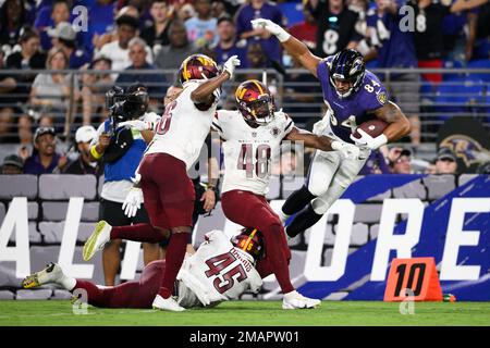 PHILADELPHIA, PA - NOVEMBER 14: Washington Commanders linebacker De'Jon  Harris (45) looks on during the game between the Washington Commanders and  the Philadelphia Eagles on November 14, 2022 at Lincoln Financial Field