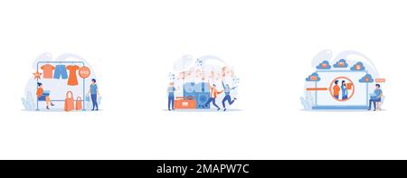 Showroom with kids clothes on hangers, designer and customers with shopping bags, Hip hop singer with microphone at music speaker and tiny people danc Stock Vector