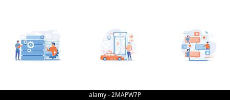 Developer using big data applications and tablet, A man near huge smartphone with city map and gps tags on the screen calls a taxi, Tablet with users Stock Vector