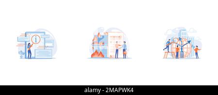 User looking for information in tablet with magnifier, Burn house, flaming building, Career opportunity, set flat vector modern illustration Stock Vector