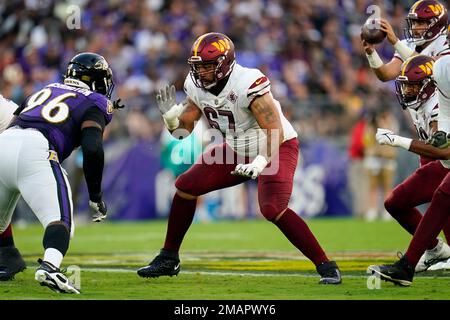 Washington Commanders offensive tackle Aaron Monteiro (67) blocks during an  NFL preseason football game against the Cincinnati Bengals, Saturday,  August 26, 2023 in Landover. (AP Photo/Daniel Kucin Jr Stock Photo - Alamy