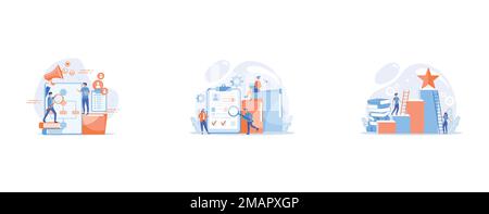 Businessmen with magnifier looking at business process flow chart, Recruiters and managers searching for candidate in huge CV for position, Businessma Stock Vector