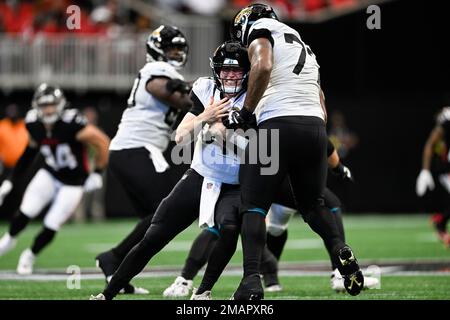 Jacksonville Jaguars center Nick Ford (77) looks at the video screen from  the sidelines during the second half of an NFL preseason football game  against the Cleveland Browns, Friday, Aug. 12, 2022