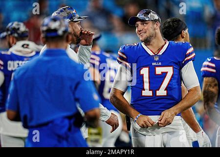 Buffalo Bills quarterback Josh Allen (17) smiles on the sidelines during an  NFL preseason football game against the Carolina Panthers on Friday, Aug.  26, 2022, in Charlotte, N.C. (AP Photo/Rusty Jones Stock