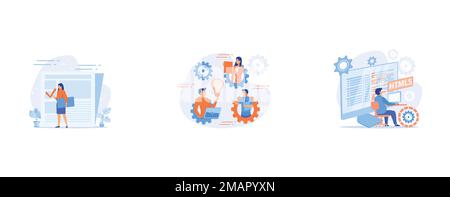 News article editing and proofreading, Team building exercise, HTML5 programming, set flat vector modern illustration Stock Vector