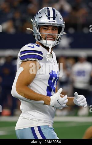 A detail of Dallas Cowboys wide receiver Simi Fehoko (81)'s helmet is seen  before an NFL football game against the Los Angeles Rams Sunday, Oct. 9,  2022, in Inglewood, Calif. (AP Photo/Kyusung