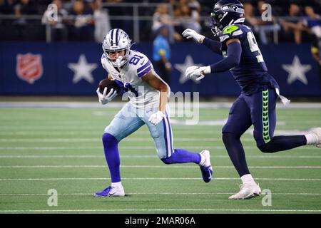 A detail of Dallas Cowboys wide receiver Simi Fehoko (81)'s helmet is seen  before an NFL football game against the Los Angeles Rams Sunday, Oct. 9,  2022, in Inglewood, Calif. (AP Photo/Kyusung