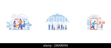 Group of friends sitting at the table talking, drinking coffee and tea, tiny people, Individuals under umbrella protection against economic hazards, B Stock Vector