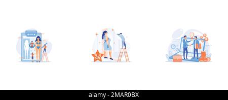 Plastic surgeons doing pencil marks and preparing body contouring of woman, Photographer taking photos of plus size model in runway fashion show, Entr Stock Vector