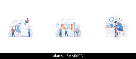 Fashion designers creating a dress pattern and making dress with cloth on mannequin, Main master designer creating fashion clothes designs and hanging Stock Vector