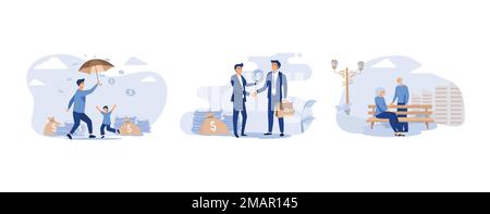 Happy man and boy standing under money rain, Angel advisor or sponsor funding startup project, Happy senior couple sitting on bench in park, set flat Stock Vector