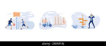 Sport games outdoors concept, Courier shipping package at moped , Pensive businessman making decision, set flat vector modern illustration Stock Vector