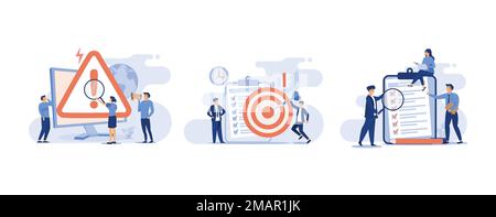 Tiny people examining operating system error warning on web page, Business concept, people study the list of rules in the company, read guidance, make Stock Vector