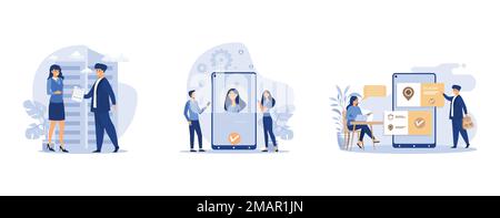 Manager giving document to female boss for signing, Face recognition and data safety, People using online appointment and booking app, set flat vector Stock Vector