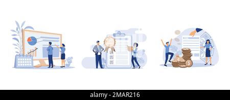 Young tiny analysts preparing monthly report, Tiny business people passed standard quality control, Tiny people getting paper sheet with fine, set fla Stock Vector