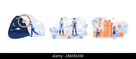 Man moving clock arrows and managing time, Gender equality concept, e-commerce programs provide satisfaction for customers by giving gifts, set flat v Stock Vector