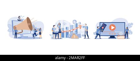 Noisy big megaphone, Startup managers presenting and analyzing sales growth chart, Tiny couple watching video on Internet, set flat vector modern illu Stock Vector