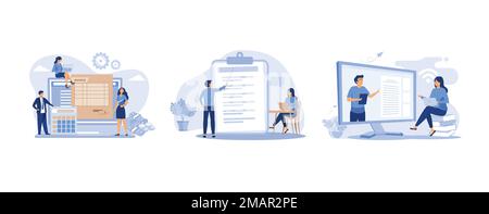 Little people prepare payment invoices, Teacher giving seminar to student in classroom, Female student listening webinar online, set flat vector moder Stock Vector