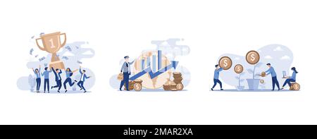 Team of tiny office people employees winning gold cup, Gross domestic product concept, Young investors working for profit, dividend or revenue , set f Stock Vector