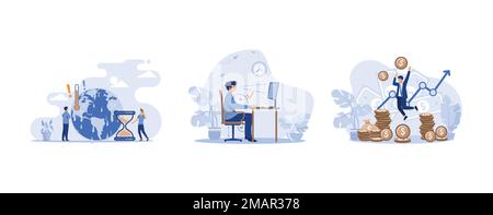 Tiny people with melting planet in background, Instruction for correct pose during office work, Happy rich banker celebrating income growth, set flat Stock Vector